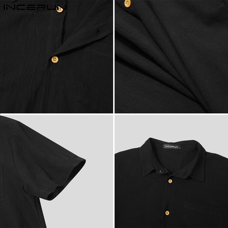 Áo sơ mi INCERUN ngắn tay cổ bẻ cotton thời trang cho nam