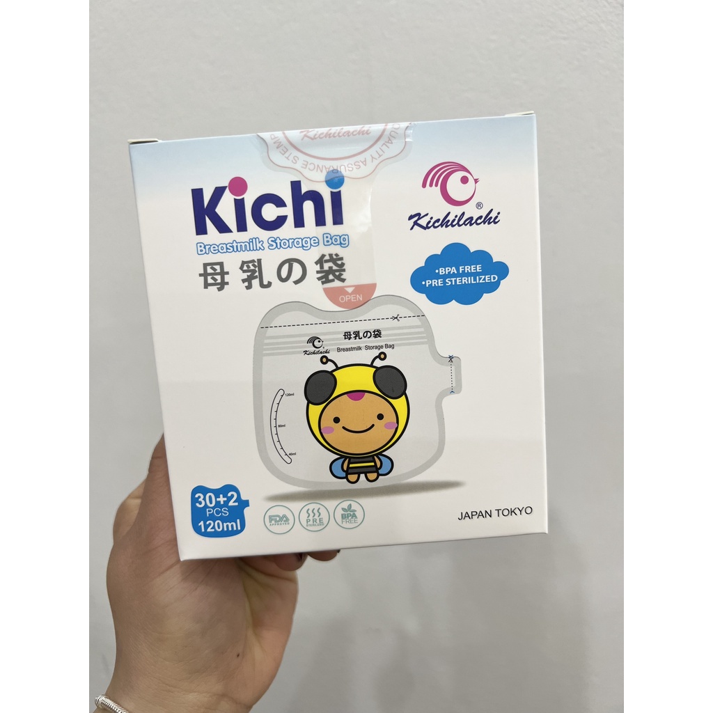 Hộp 32 Túi trữ sữa KICHILACHI 120ml hình quả táo, có vòi rót an toàn, tiện dụng cho bé