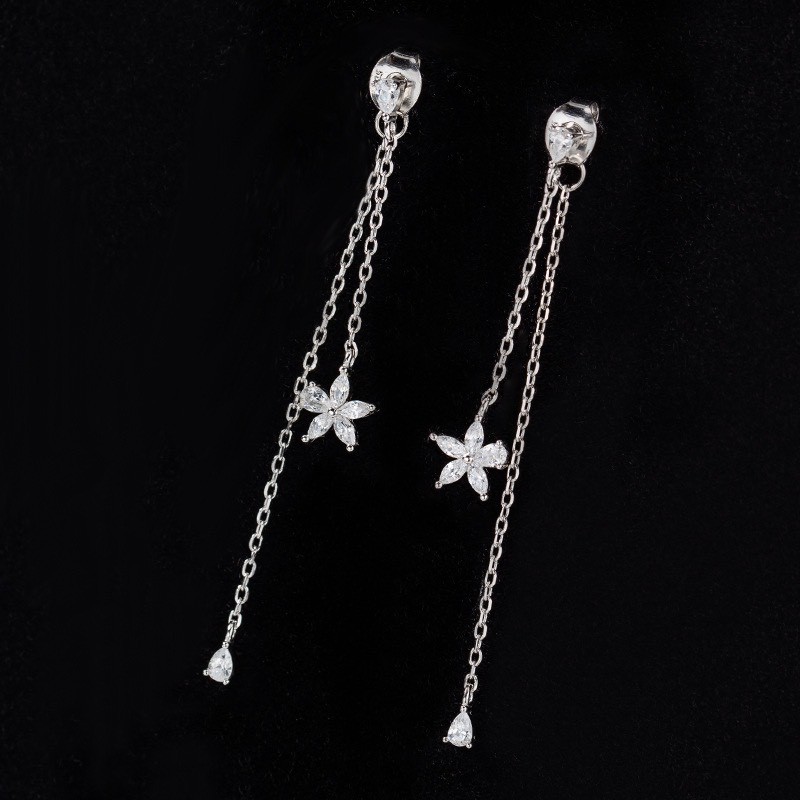 Khuyên tai bạc 925 hoa 5 cánh thả xích duyên dáng thanh lịch tiểu thư Dế Bạc - K5675