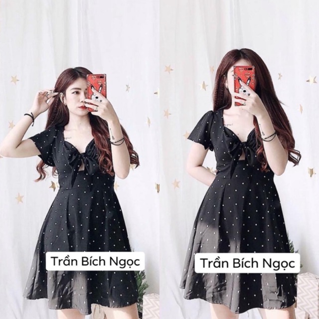 ĐẦM ELIO DRESS - ĐẦM HỞ LƯNG CHẤM BI TRẮNG ĐEN SIÊU XINH