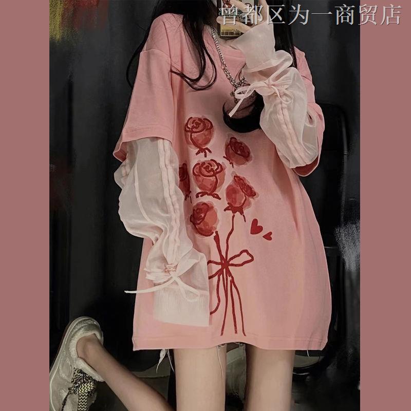 Áo Thun Tay Ngắn Dáng Rộng In Họa Tiết Hoa Hồng Thời Trang Mùa Hè Phong Cách Hàn Quốc