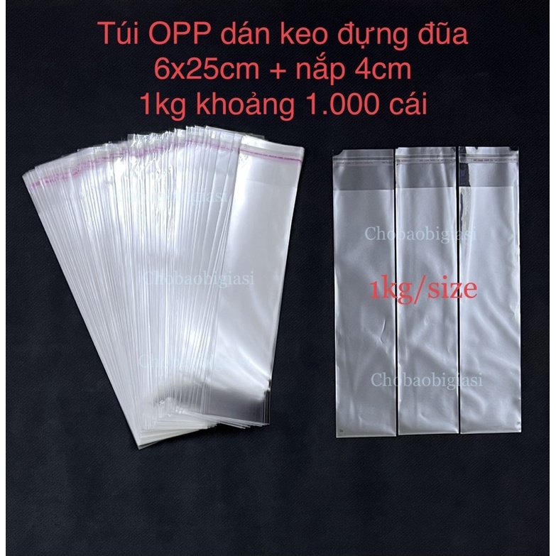 1kg Túi OPP dán kéo keo đựng đũa, muỗng, giấy...  6x25cm + nắp 4cm (phủ bì 6x29cm) (hàng đẹp, sp y hình)