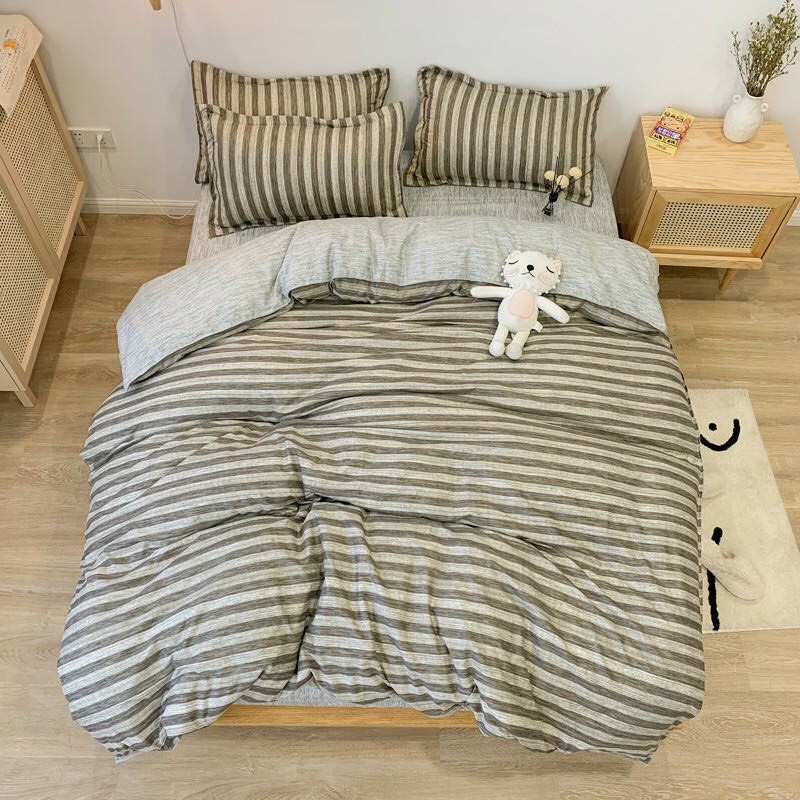 Bộ chăn ga gối Cotton poly Bo Decor Xám sọc vỏ chăn mền drap nệm và 2 vỏ gối