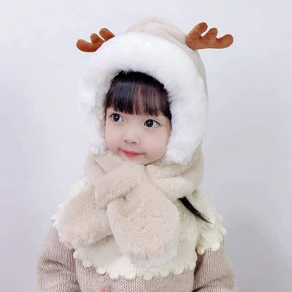 Mũ trẻ em mùa đông lót lông sừng hươu cute nón kèm khăn siêu ấm tai gấu thỏ cho bé