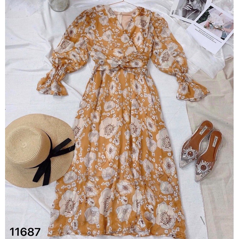Đầm maxi hoa xoắn eo tay dài 11687 | BigBuy360 - bigbuy360.vn