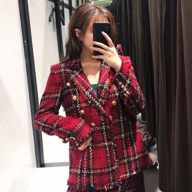 Set áo dạ vest kẻ đỏ + chân váy Zara [Order]