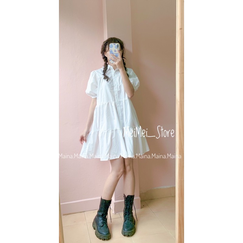 Váy Sơ Mi Babydoll Trắng Ulzzang - Đầm Sơ Mi Cổ Đức 2 màu be + trắng.