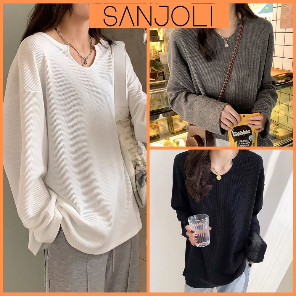 Áo Sweater Tay Dài SANJOLI Áo Len Nữ Dài Tay Cổ Tròn Form Rộng Chất Dày Dặn Cao Cấp Phong Cách Ulzzang Hàn Quốc AO006