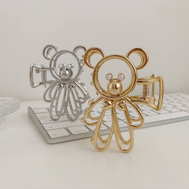 Kẹp Tóc Hình Gấu Hoạt Hình Ba Chiều Bằng Kim Loại Đính Ngọc Trai Thời Trang Hàn Quốc vintage