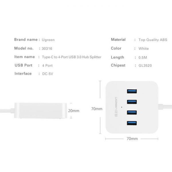 Cáp USB Type C ra 4 cổng USB 3.0 UGREEN 30316 Cao Cấp - Hàng Chính Hãng