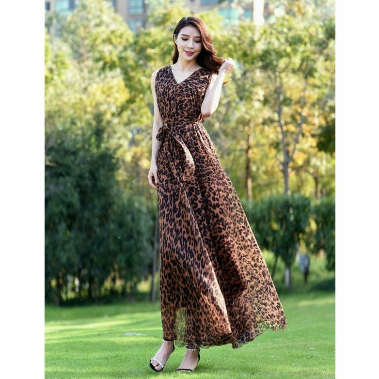 Đầm maxi da beo không tay, váy xòe chiffon du lịch đi biển có bigsize - HNG