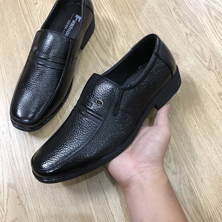 Giày Lười Nam Trung Tuổi Da Bò Đen Cao Cấp - Đế Cao Su Khâu Chắc Chắn - Mã K216