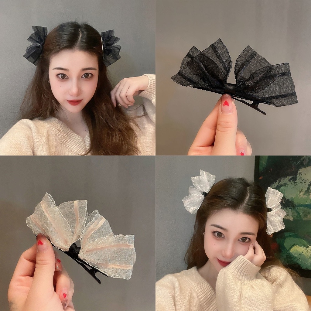 Nơ Kẹp Tóc Phối Ren Đen Trắng Phong Cách Nhật Bản