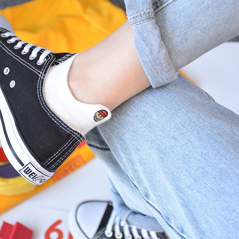 Vớ WAFNHA D259 cotton cổ thấp thêu họa tiết biểu tượng cảm xúc hoạt hình đáng yêu cho nữ