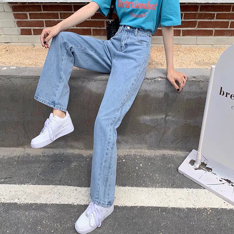 Quần Jeans Ống Rộng Lưng Cao Ulzzang Hàng Cao Cấp, Quần Simple Jeans Ống Rộng Cạp Cao