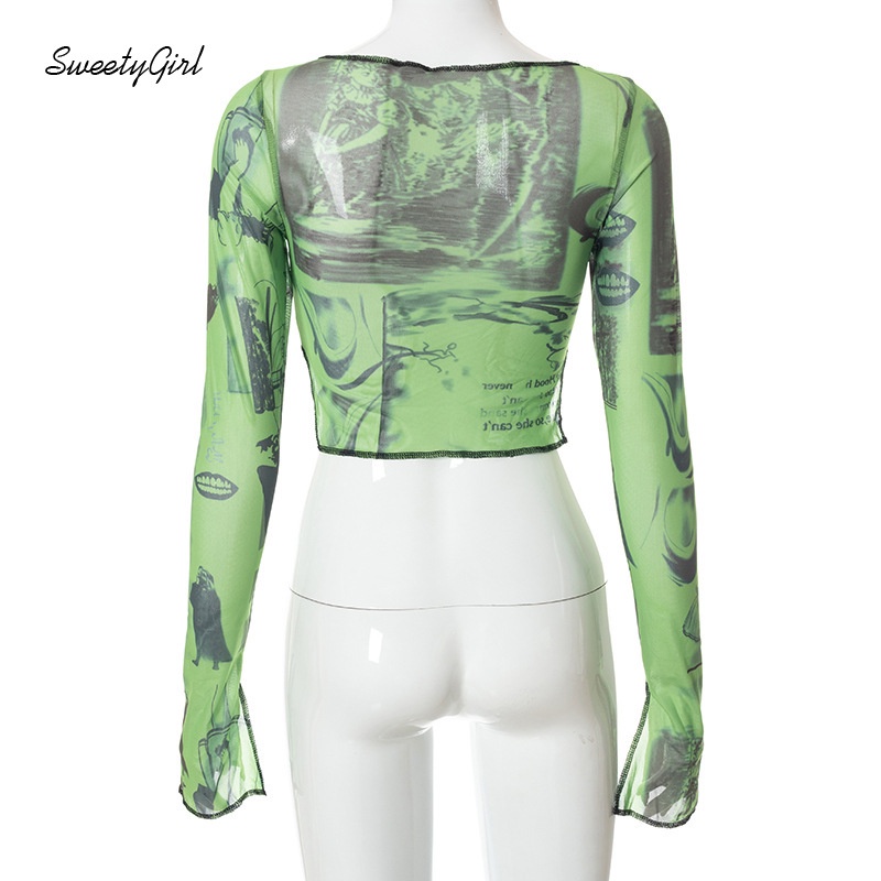 Áo Croptop Tay Dài Cổ Tròn In Họa Tiết Hoạt Hình Dành Cho Nữ