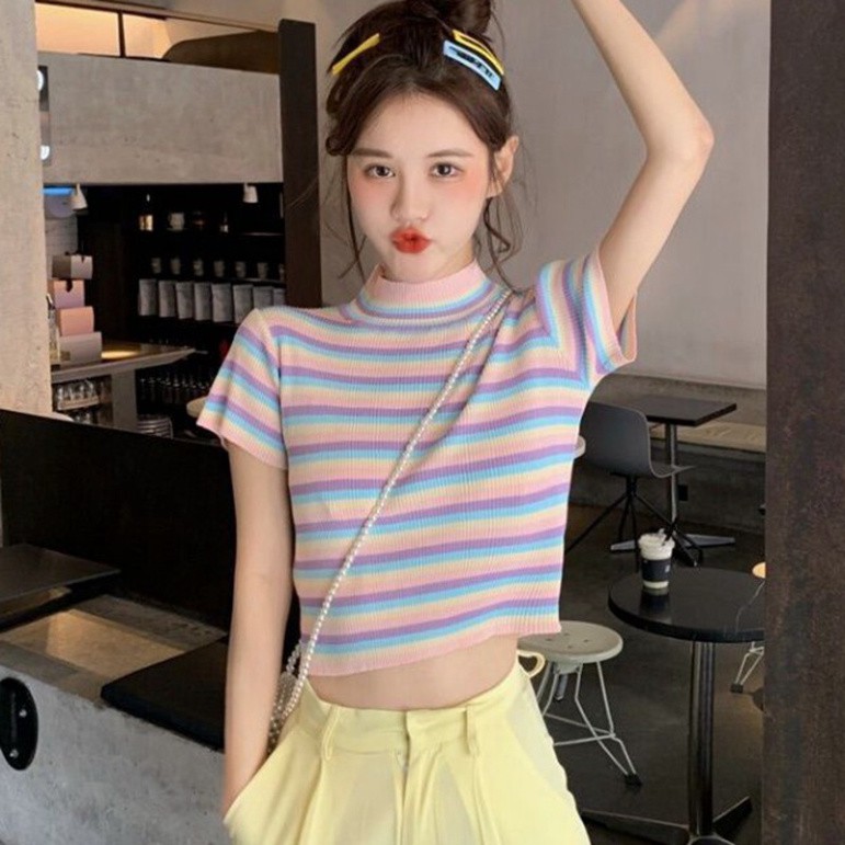 Sale 69% Áo croptop dệt kim dài tay phối họa tiết sọc ngang trẻ trung dành cho nữ, multicolor Giá gốc 113000đ- 23C139-3