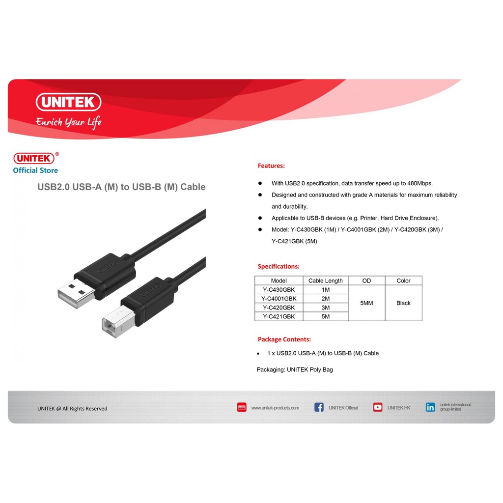 Cáp dùng kết nối máy in usb 2.0 Unitek Y-C 421