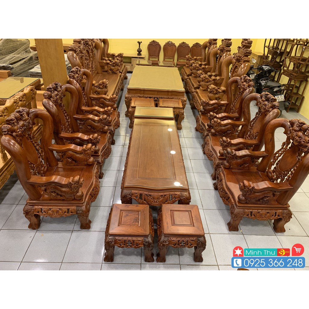 Bộ bàn ghế chạm lân quả cầu gỗ hương Việt xịn cột 12, 10 món (6 ghế đơn) BBG398