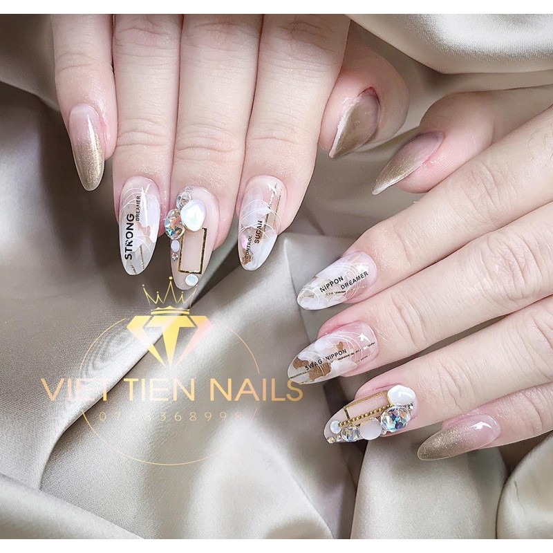 Sỏi trắng gắn móng mix kim loại - Phụ kiện nail