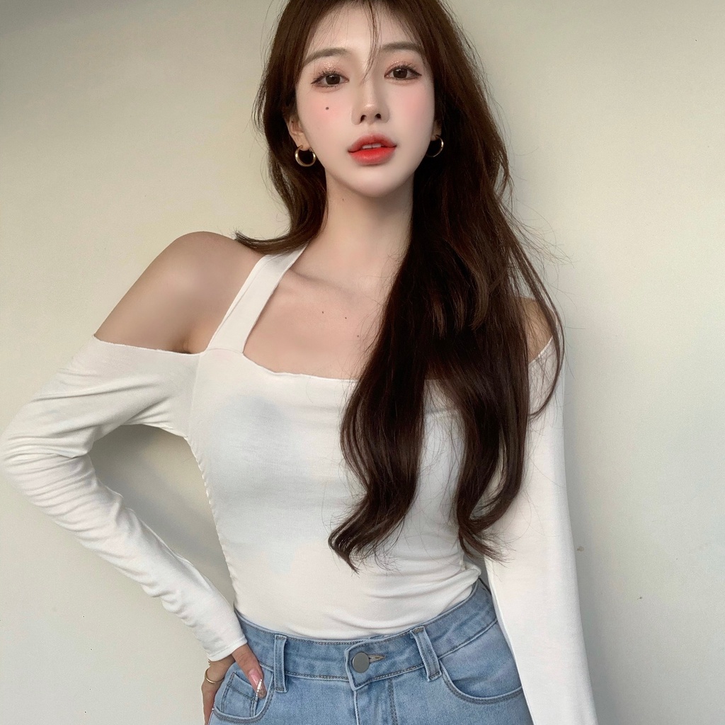 Áo thun mỏng bệt vai cho nữ, áo thu đông kiểu thời trang gợi cảm.