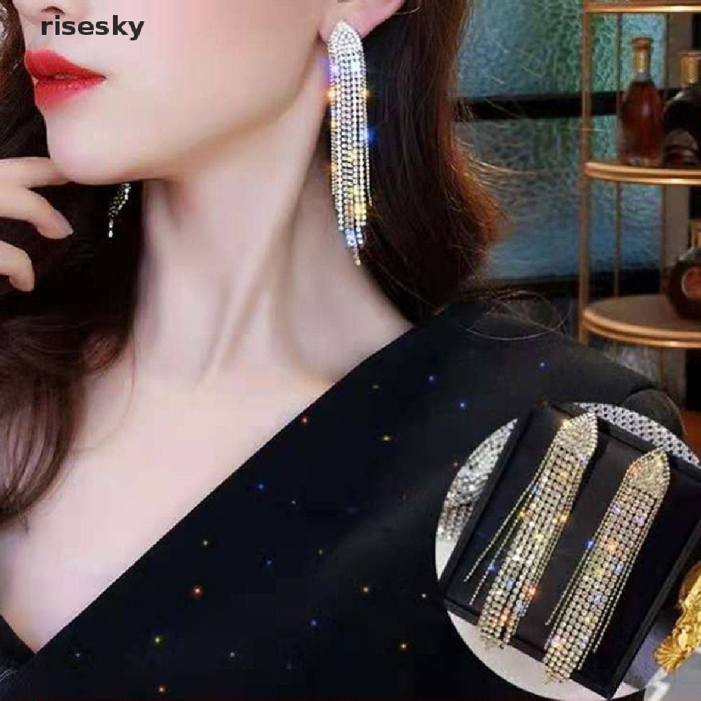 Bông Tai Dáng Dài Đính Đá Phối Tua Rua Thời Trang Cho Nữ ♨Trên đó