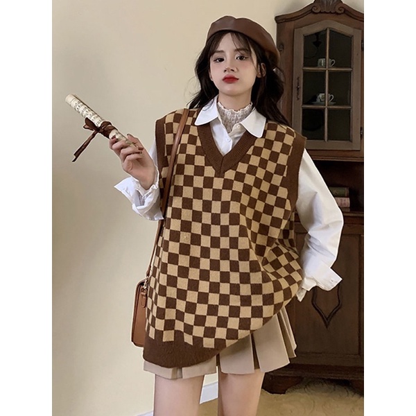 Áo ghile len không tay cổ V dáng rộng dài trùm mông sọc ô vuông caro ulzzang