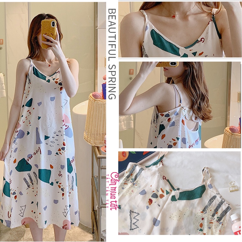 Váy ngủ hai dây nữ cổ V freesize, đầm bầu đẹp chất lanh lụa cotton nhẹ mềm mát
