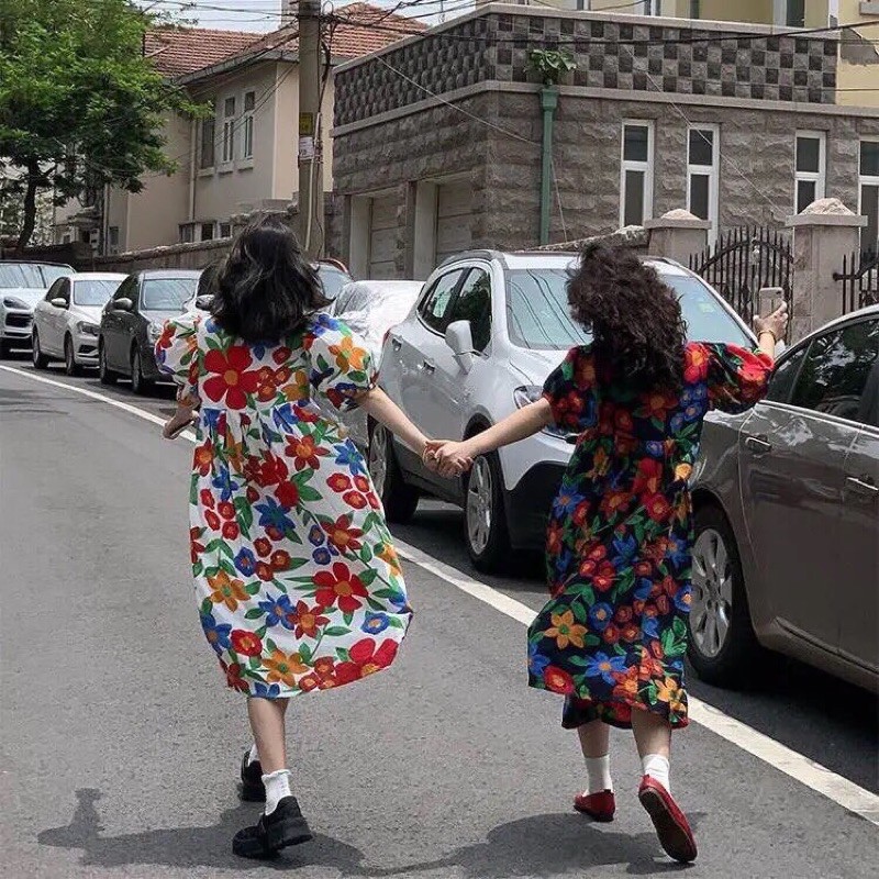 Mùa hè năm 2021 mới kích thước lớn tay áo phồng váy kiểu Pháp cổ điển in váy dài váy dài giữa phụ nữ rộng rãi | BigBuy360 - bigbuy360.vn