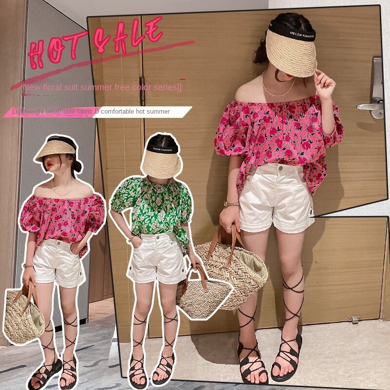 Set Áo Trễ Vai In Hoa + Quần Short Trắng Phong Cách Hàn Quốc Thời Trang Cho Bé Gái 5-6 tuổi 6-7 tuổi 7-8 tuổi 8-9 tuổi 9-10 tuổi 10-11 tuổi 11-12 tuổi 12-13 tuổi 13-14 tuổi 15-16 tuổi