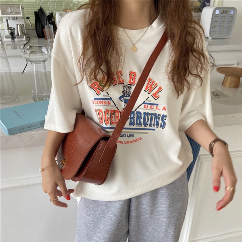 Áo thun nữ tay ngắn cổ tròn in chữ thời trang mùa hè phong cách Hàn Quốc
