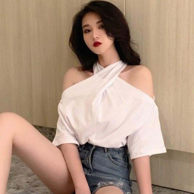Áo thun không tay màu trơn thiết kế hở vai cổ yếm quyến rũ phong cách Hàn Quốc dành cho nữ