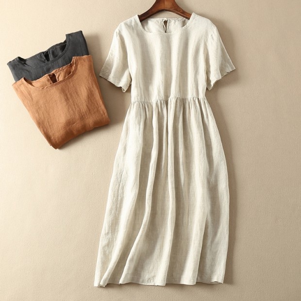 Đầm linen suông cổ tròn ngắn tay, chất đũi mềm mát thấm hút mồ hôi, thời trang phong cách Hàn Quốc DV81