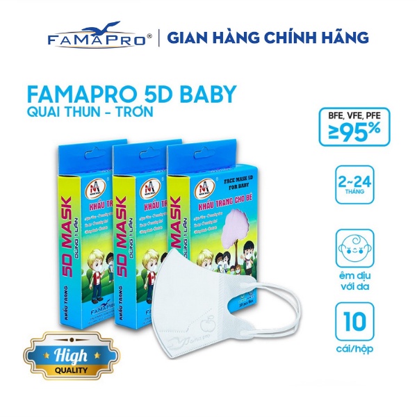 [HỘP-10 CÁI-QUAI THUN] COMBO 3 HỘP Khẩu trang y tế 3 lớp kháng khuẩn trẻ em Famapro 5D BABY TRƠN
