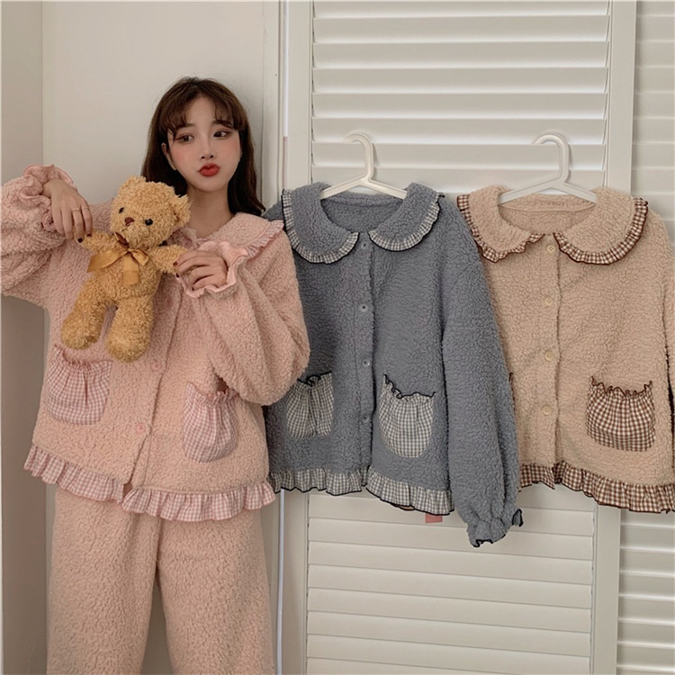 Đồ nữ ngủ Ullzang🌸bộ đồ ngủ mùa đông lông cừu phối viền caro, sét bộ ngủ hàn quốc cổ sen khuy cài ấm áp- THÔNGTHU | BigBuy360 - bigbuy360.vn