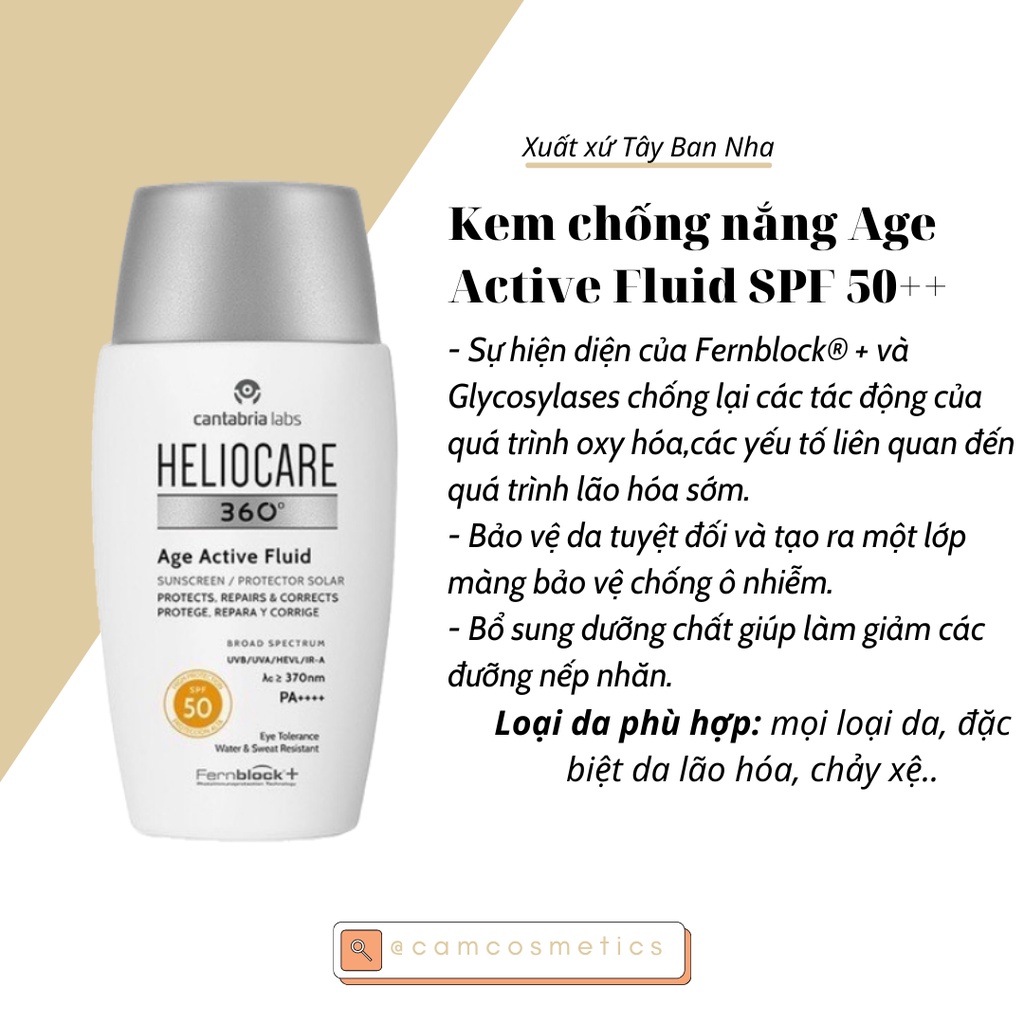 Kem chống nắng quang phổ rộng Heliocare Water Gel/ Mineral/ Pigment/ Age Active Fluid 50ML