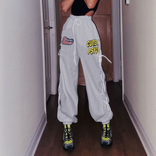 Quần Thể Thao Ống Rộng Cột Dây Bên Hông In Chữ Phong Cách Âu Mỹ