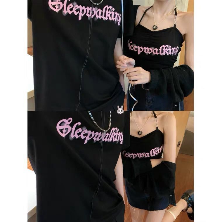 Set Áo Thun Tay Ngắn + Áo Hai Dây In Chữ Thời Trang Cho Cặp Đôi