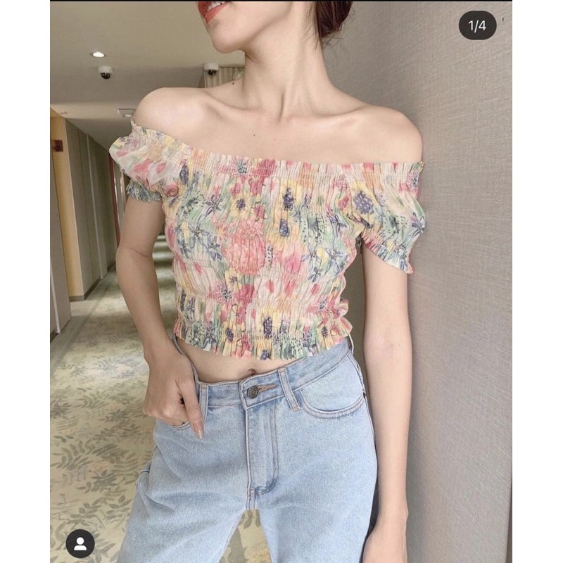 CROPTOP HOA BẸT VAI NHÚN CHỈ HOA