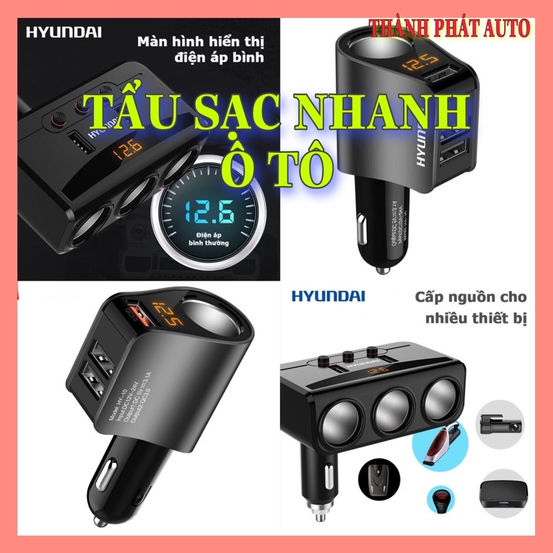 Tẩu sạc nhanh ô tô xe hơi Hyundai chính hãng- Có đèn led báo điện áp Ác Quy