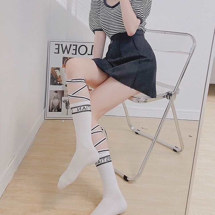 Jiashucheng Vớ Ống Cao Ngang Bắp Chân Buộc Dây Thoáng Khí In Chữ Phong Cách Preppy Đường Phố Thoáng Khí Dành Cho Bạn Nữ