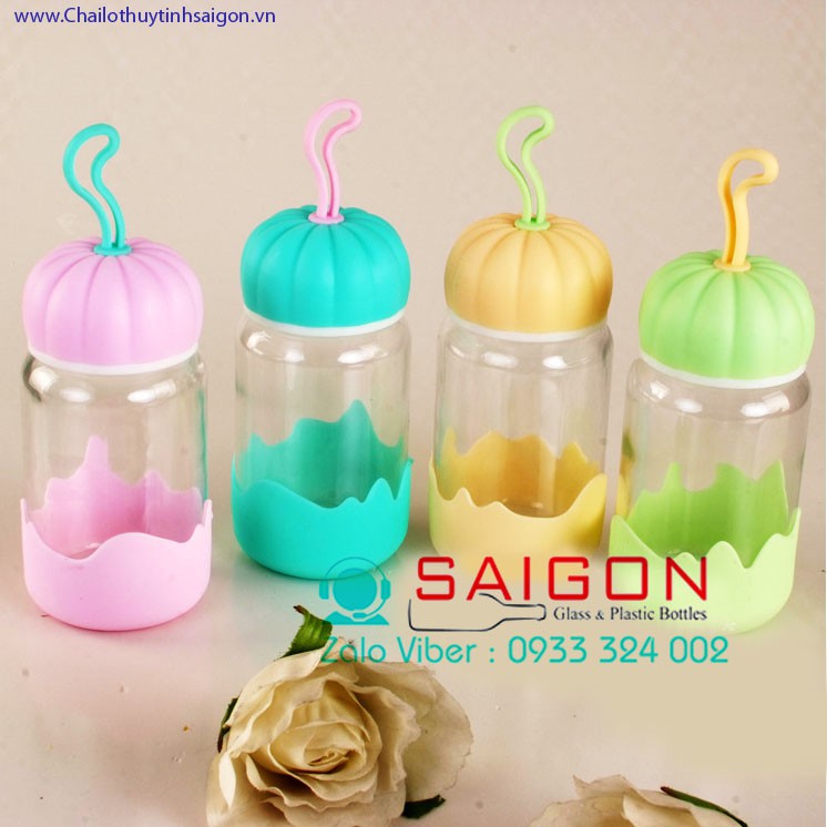 Chai Thủy Tinh Bí Ngô Silicon 350ml nhiều màu sắc