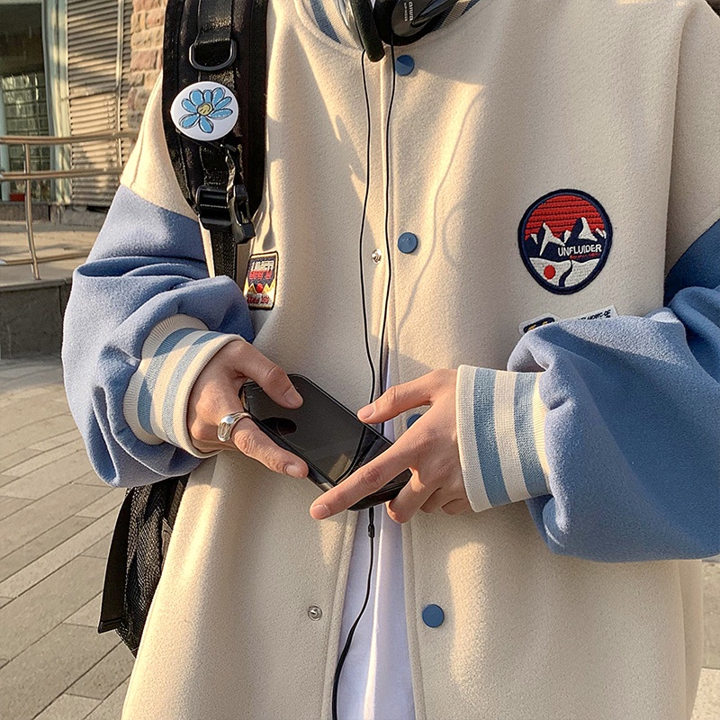 Áo khoác bóng chày cổ tròn 2 lớp thêu hình phong cách sành điệu cỡ M-5XL cho nam và nữ