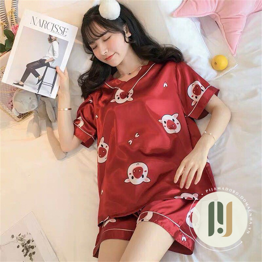 Đồ bộ pijama, bộ lụa cộc đùi cổ chữ V hoạ tiết hoạt hình | BigBuy360 - bigbuy360.vn