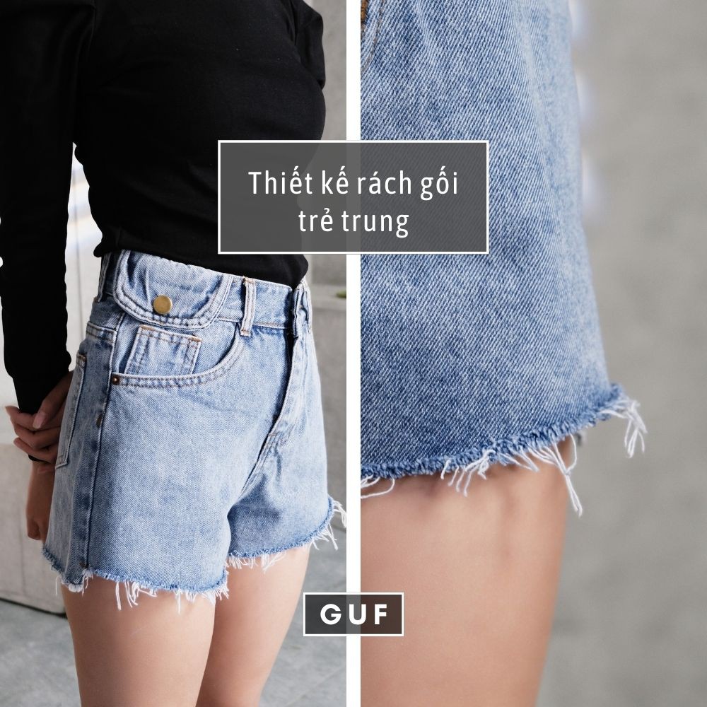 Quần Short Jean Nữ Thương Hiệu GUF Trơn Màu Xanh Chất Bò Cao Cấp Cạp Cao Dáng Rộng Chữ A | BigBuy360 - bigbuy360.vn
