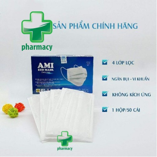 Khẩu trang y tế, Khẩu trang Ami 4 lớp màu Trắng, hộp 50 chiếc , hàng chính hãng