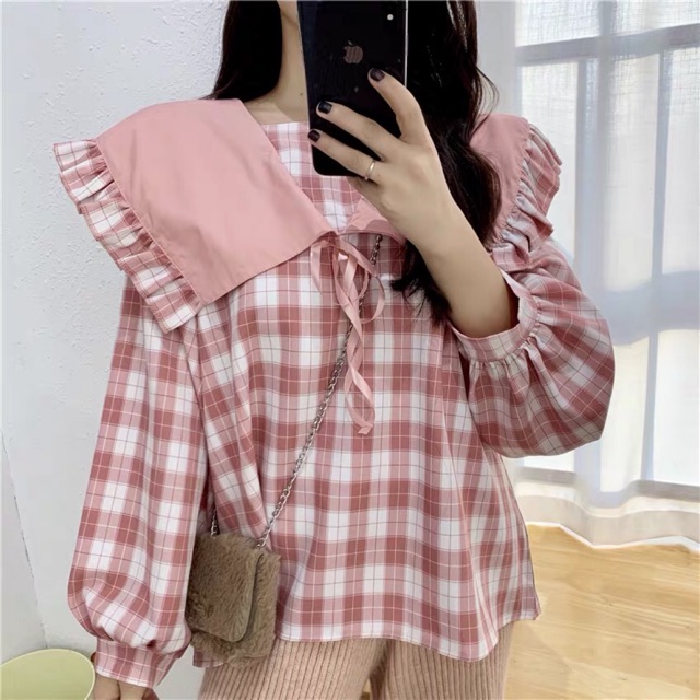Áo baby doll caro cổ thuỷ thủ tay dài bồng Ulzzang (CÓ ẢNH THẬT)