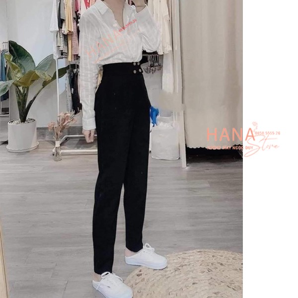 Quần baggy cạp cao 4 cúc bấm màu đen nữ - Dáng quần baggy công sở dài mặc đi làm công sở học sinh đi học - Vải Vitex dày | BigBuy360 - bigbuy360.vn