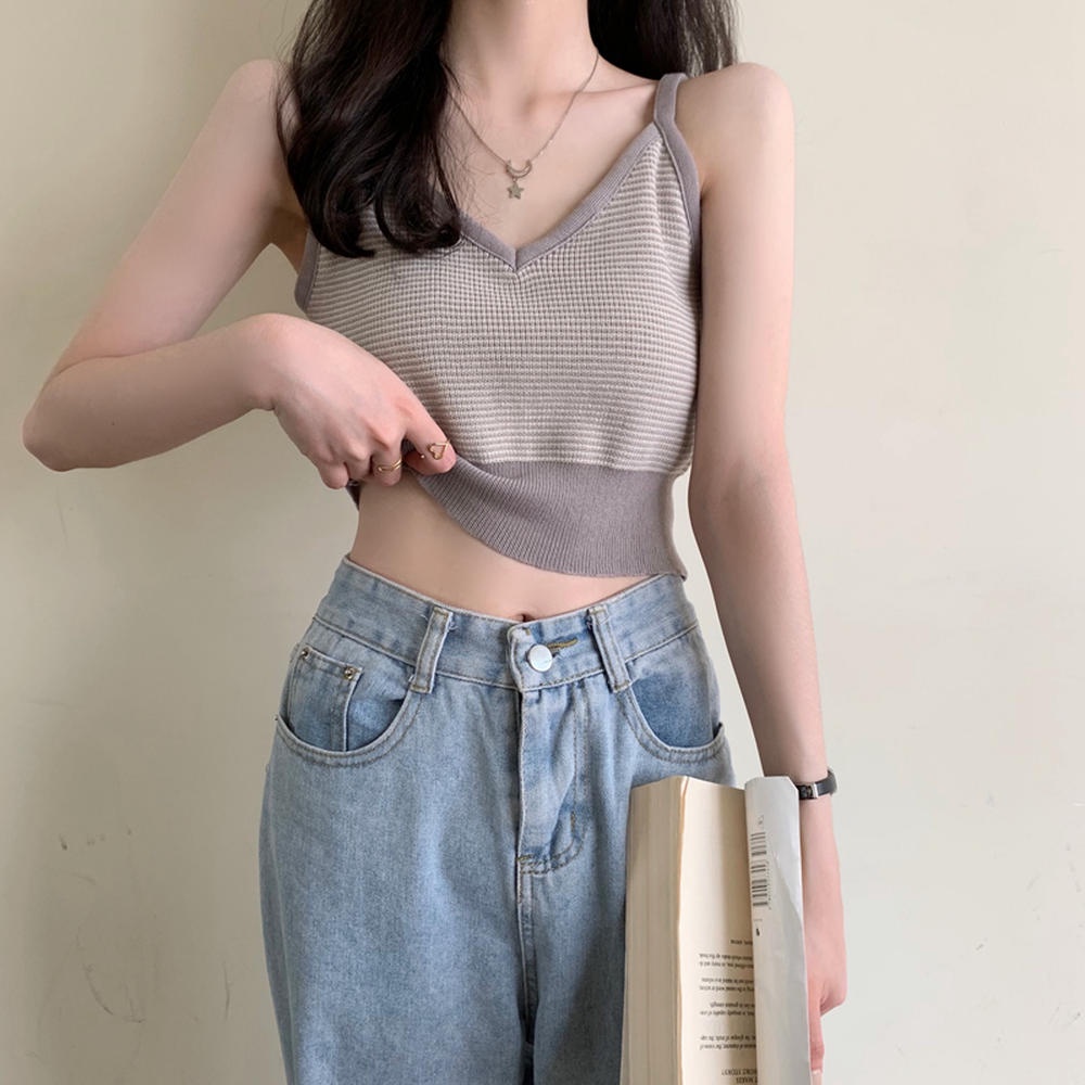 Áo Hai Dây Dệt Kim Cổ Chữ V Họa Tiết Kẻ Sọc Màu Sắc Thời Trang Mùa Hè 50061