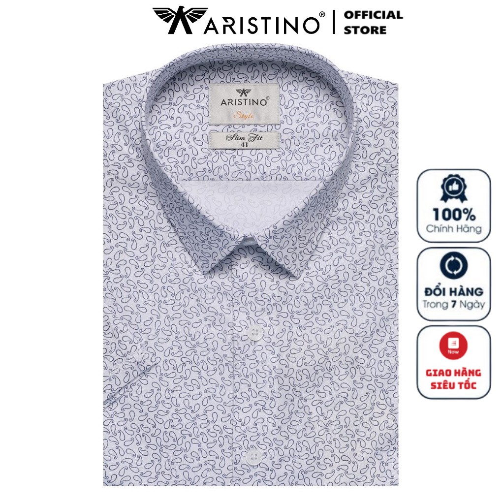 Áo Sơ Mi Nam Tay Ngắn Aristino ASS065S9 Màu Trắng In Họa Tiết Lá Dáng Slim Fit Vải Sợi Sồi